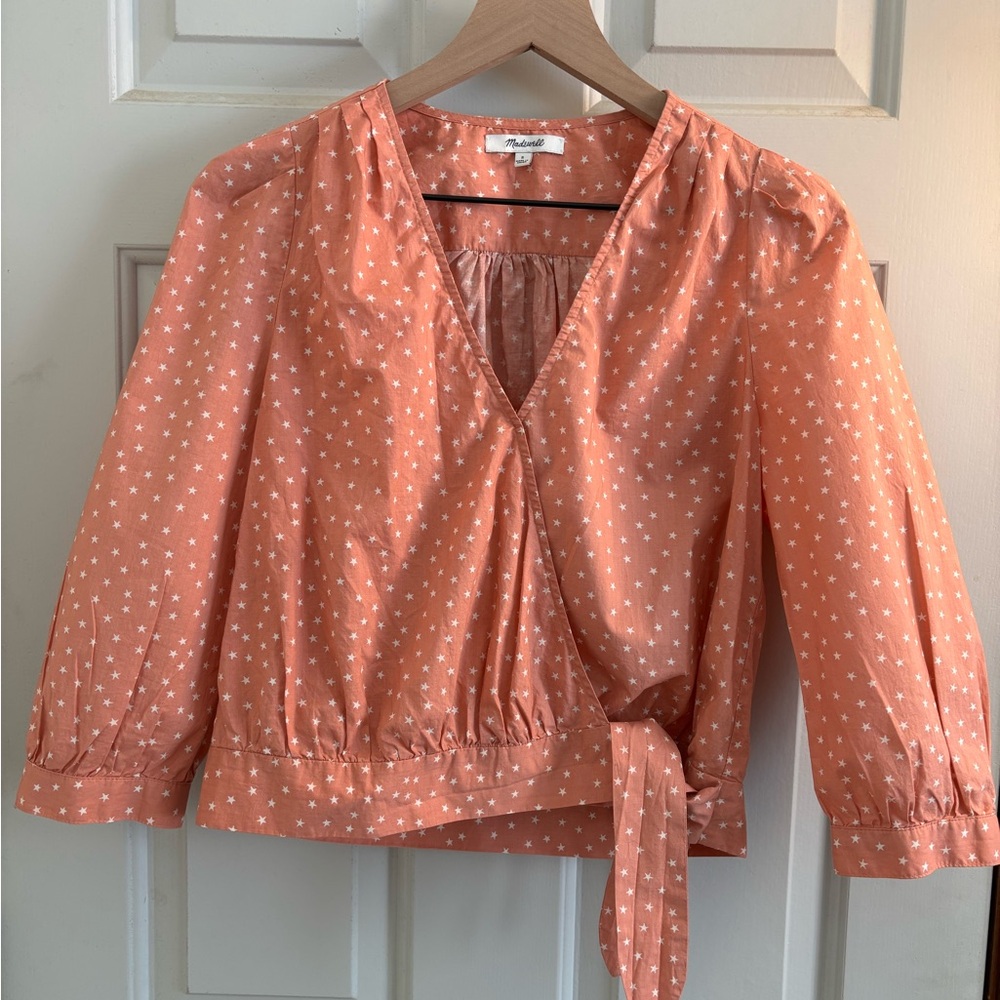 Madewell coral and cream Star Scatter wrap top side tie waist 3/4 sleeve sz S